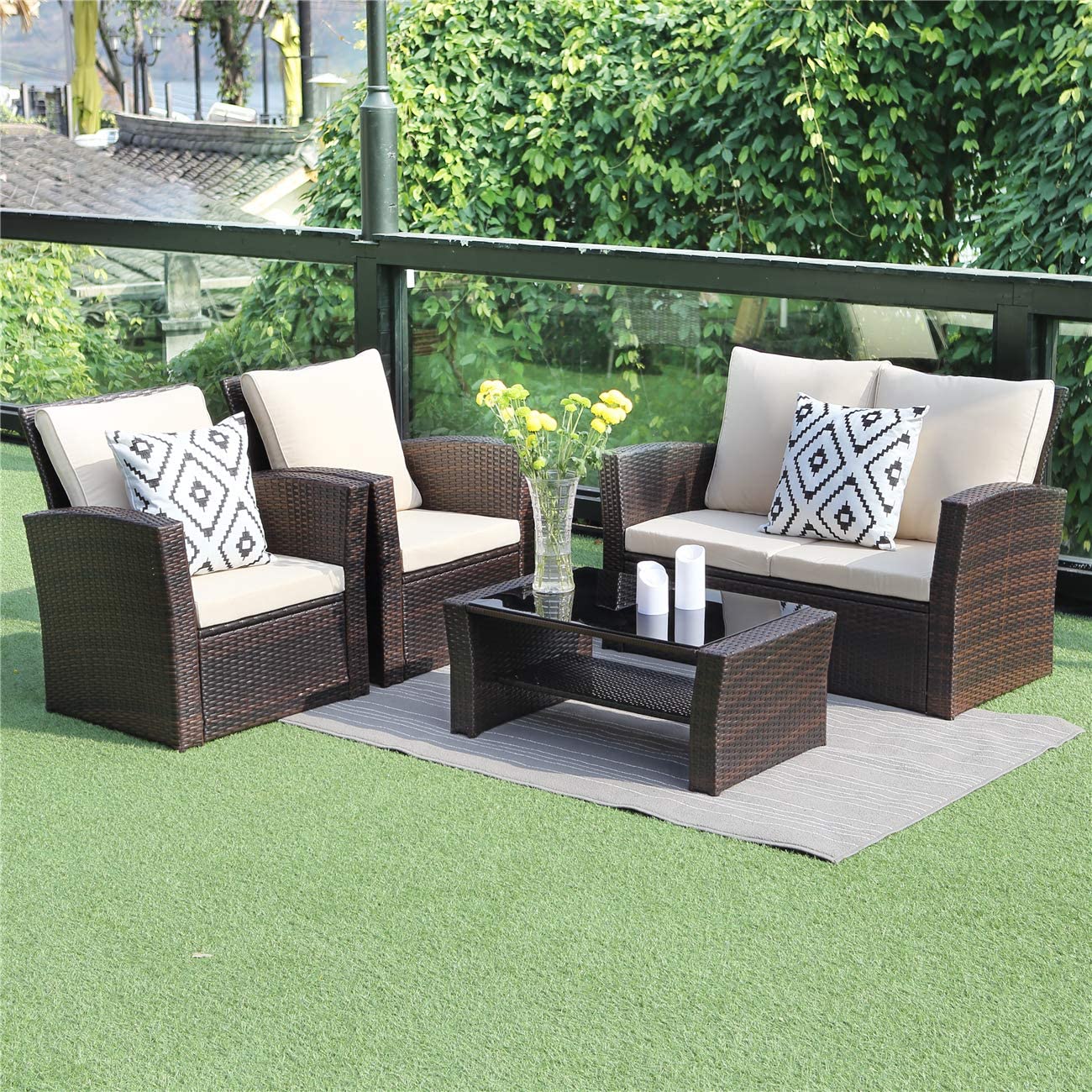 Outdoor 4 Piece Rattan Wicker Patio Furniture Set (Wisteria Lane/FDW)