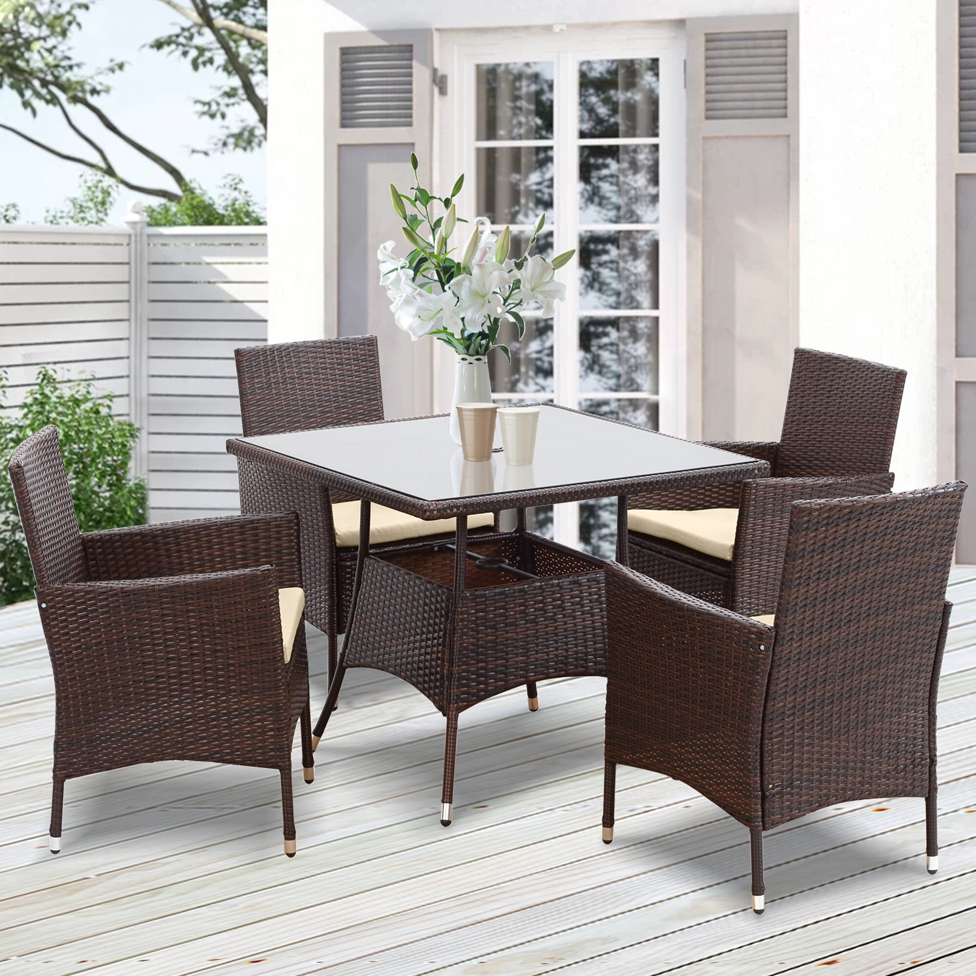 BCP 5Piece Indoor Outdoor Wicker Dining Set, Cream Kitchen50