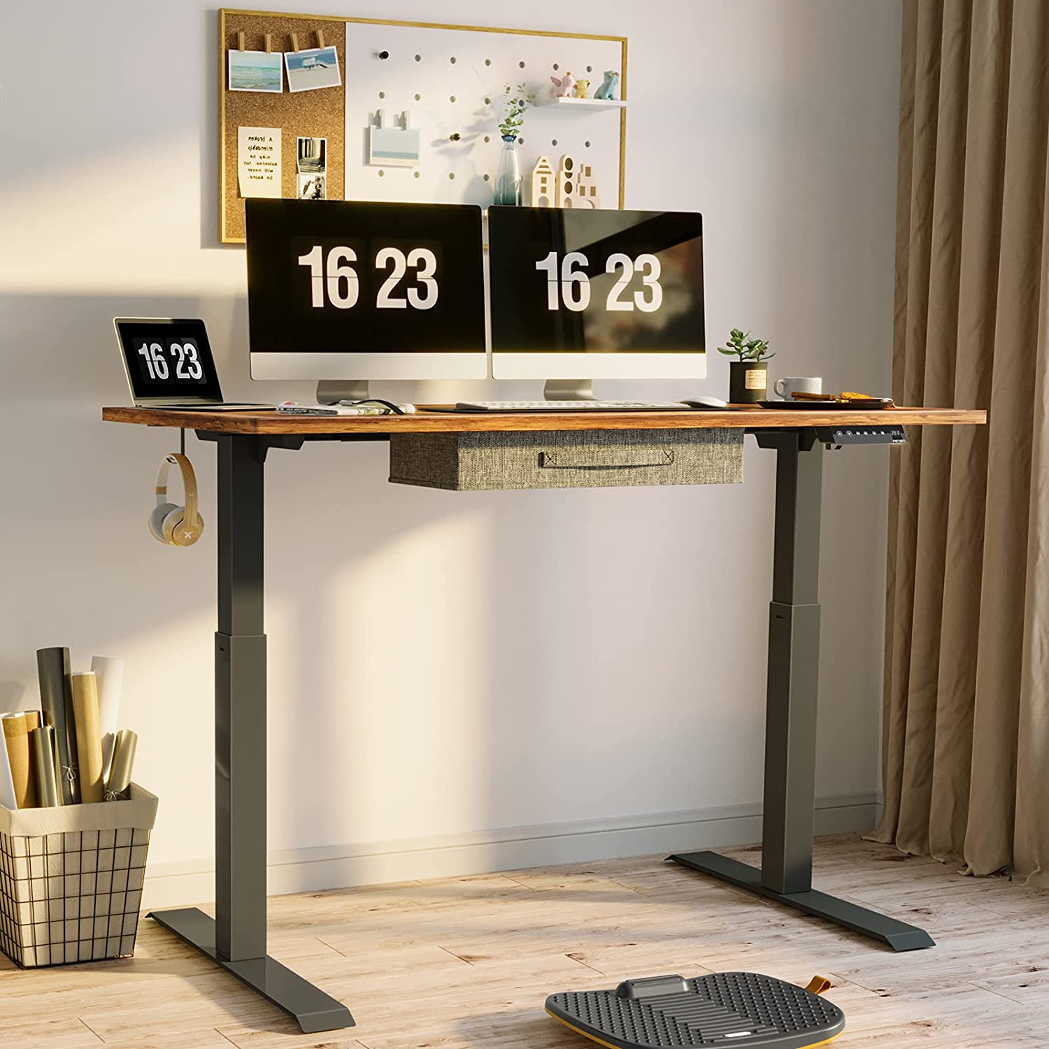 FEZIBO Electric Height Adjustable Standing Desk with Drawer, Rustic Brown