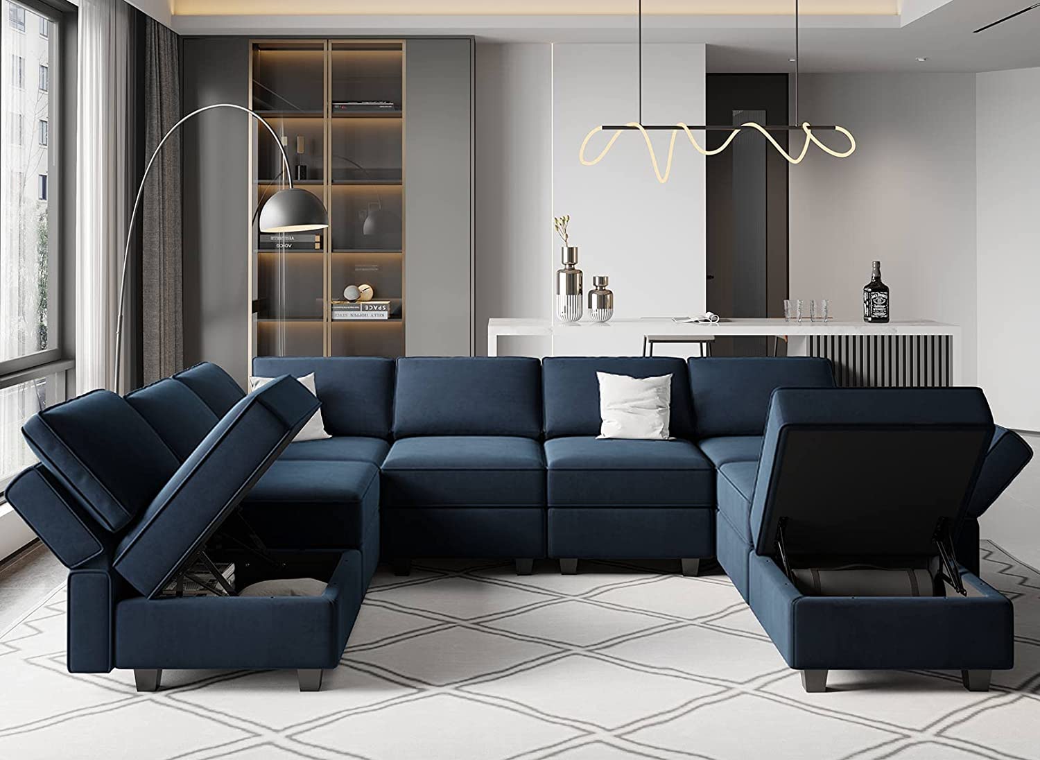 Belffin Modular Velvet Sectional Sofa With Storage Seat, Blue - Kitchen50