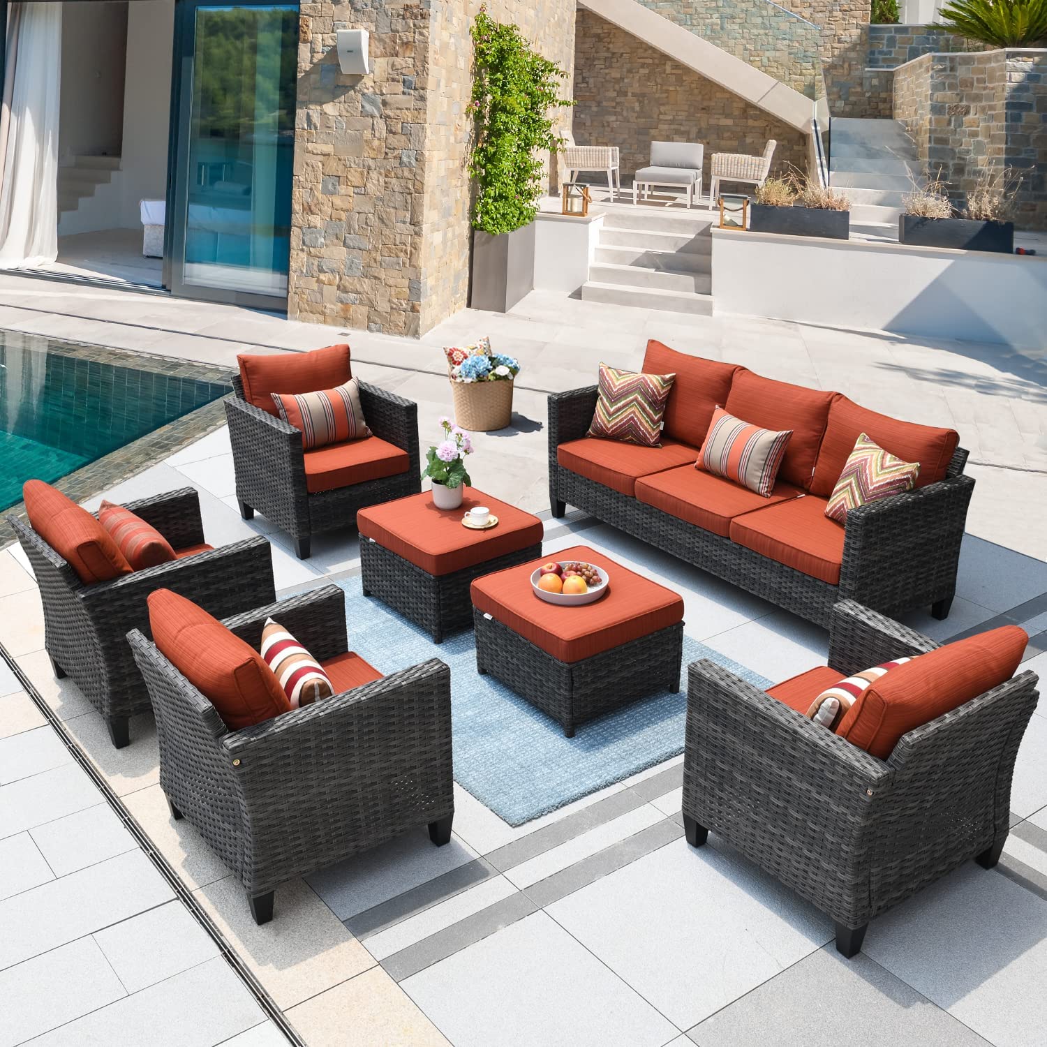 OVIOS All Weather 7PC Wicker Patio High Back Sofa Set, Orange Red